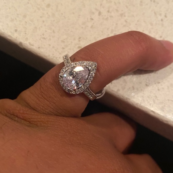 New Halo Pear Austrian Crystal Ring with Single Half Row Pave Engagement Ring - Picture 10 of 12